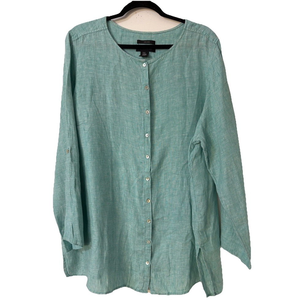Tahari Womens 100% Linen Lagenlook Oversized Tunic Top Green Sz 2X Boho